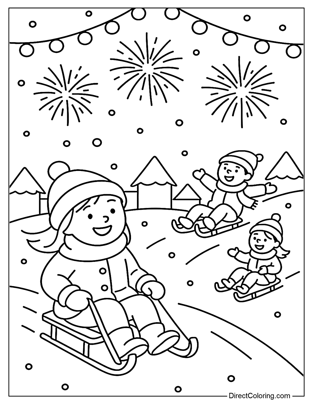 Coloring page of winter festival scene with children playing sleigh, fireworks and hanging lanterns.